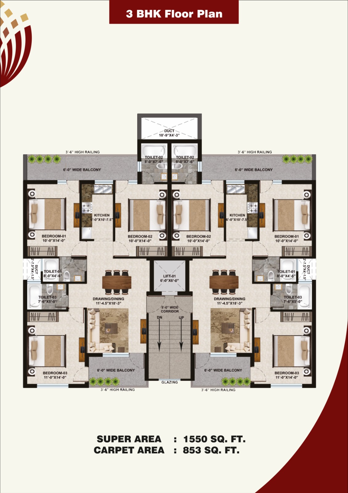 Family-Friendly 3 BHK Flat | 1550 Sq Ft
